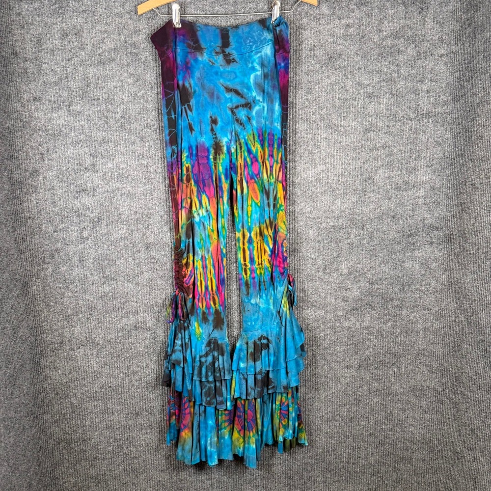 Clearay Tie Dye Ruffle Flare Pants Women L/XL Blue Multi Boho Bell Hippie Retro - Picture 2 of 10